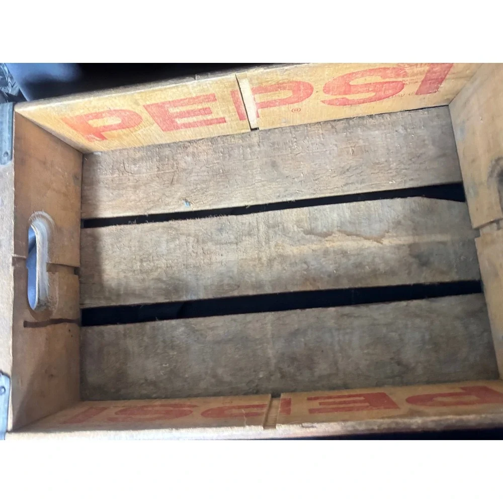 Vintage Pepsi Wooden Soda Crate 24 Bottle Carrier Red Logo Metal Corners Rustic